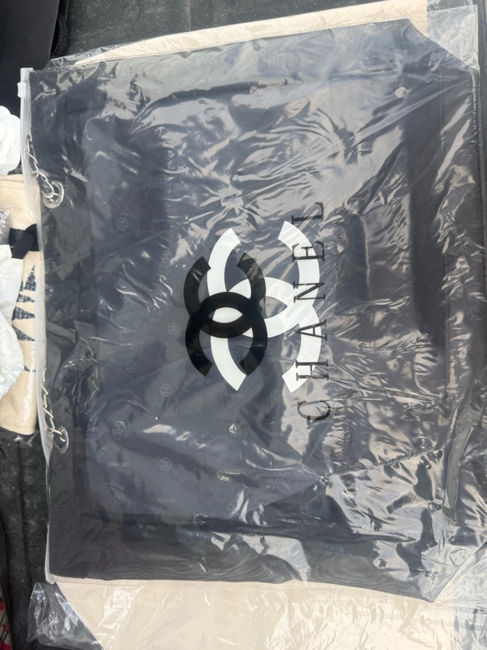Authentic CHANEL Black and White Logo Chain Tote